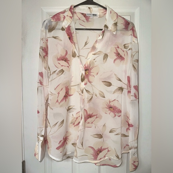 Sheer Floral Shirt - Ivory/Combo - Size Large - Picture 8 of 11